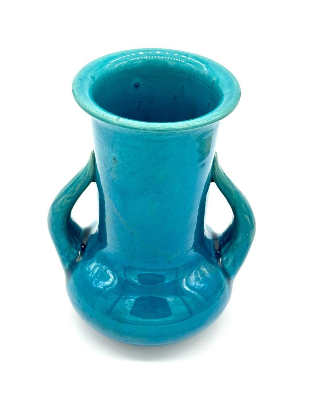 Vintage Japanese Turquoise Double Handle Ceramic Vase Urn Stamped - 8"H